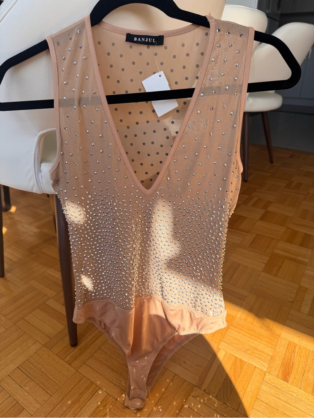 Banjul Blush Nude Crystal-Embellished V‑Neck Mesh Bodysuit